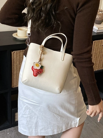 Vintage Women PU Leather Bucket Bag Minimalist Soft Shoulder Crossbody Bag Retro Handheld Commuter Purse With Cute Strawberry Charm