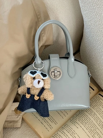 French Retro Women PU Leather Handbag Cute Teddy Bear Charm Single Shoulder Bag Solid Color Square Female Small Crossbody Bag