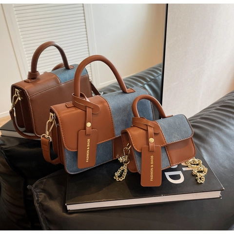 Women Contrast Color Stitching Crossbody Bag Fashion PU Leather Small Square Shoulder Bag With Top Handle And Chain Strap Stylish Daily Bag