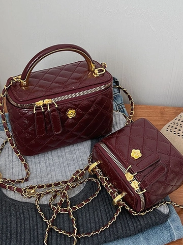 Elegante Borsa Vanity Box Trapuntata Da Donna In Pelle PU Motivo A Rombi Borsa A Tracolla Con Catena In Metallo E Decoro Camelia