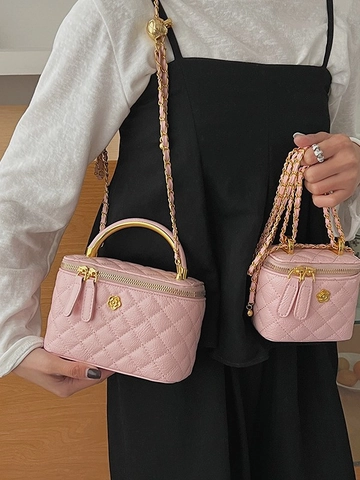 Elegante Borsa Vanity Box Trapuntata Da Donna In Pelle PU Motivo A Rombi Borsa A Tracolla Con Catena In Metallo E Decoro Camelia