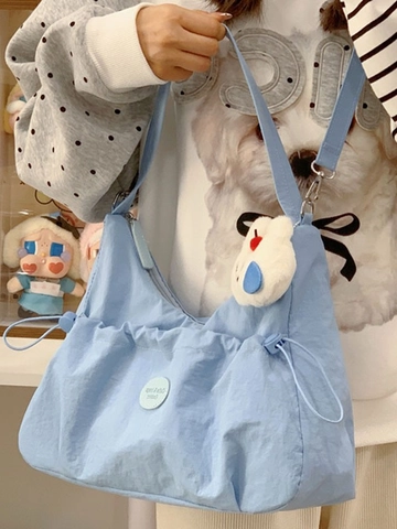 Borsa Tote Donna a Tracolla Grande Capacità Idrorepellente Nylon Poliestere Pieghe Coulisse Borsa a Spalla Con Ciondolo Peluche