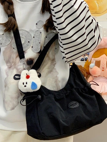 Borsa Tote Donna a Tracolla Grande Capacità Idrorepellente Nylon Poliestere Pieghe Coulisse Borsa a Spalla Con Ciondolo Peluche