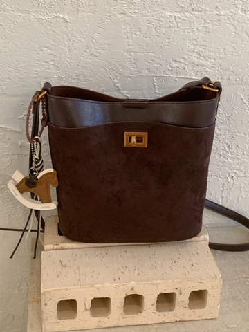 Vintage Suede PU Leather Bucket Bag Gold Turn Lock Horse Charm Women Casual Crossbody Shoulder Bag Daily Commuting Purse