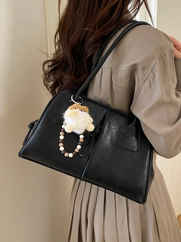 Minimalist Women PU Leather Underarm Shoulder Bag Large Capacity Retro Solid Color Handbag With Cute Plush Charm Daily Commute Tote