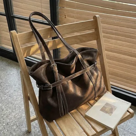 Borsa Tote Grande da Donna in Pelle Scamosciata Sintetica Retrò Cuciture a Contrasto Pendolare Ufficio Borsa Casual Versatile