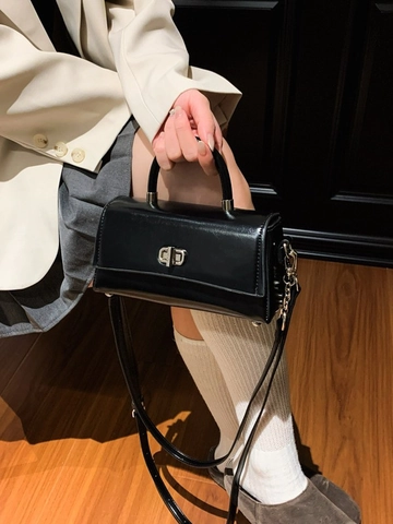 Damen Retro PU Leder Schultertasche Umhängetasche Handtasche Mit Silbernem Drehverschluss Eleganter Einfarbiger Mode Pendler Quadratische Handtasche