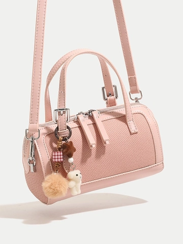 Borsa Boston da Donna in Pelle PU e Tessuto Giuntato Borsa a Tracolla a Cilindro Versatile Con Ciondolo a Orso