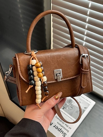 Vintage PU Leather Small Square Crossbody Bag For Women With Wood Bead Pendant Top Handle Commuting Handbag Shoulder Bag