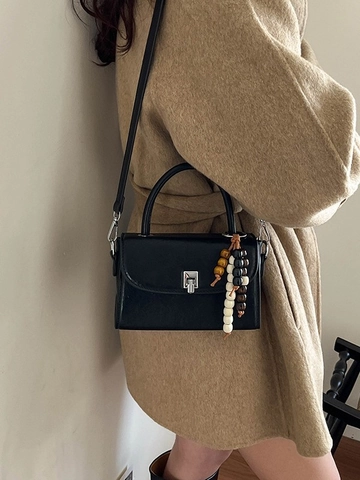 Vintage PU Leather Small Square Crossbody Bag For Women With Wood Bead Pendant Top Handle Commuting Handbag Shoulder Bag