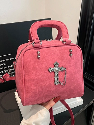 Gothic Vintage Cross Decor Handbag Matte PU Leather Crossbody Bag For Women Small Square Tote With Detachable Strap
