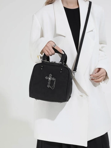 Gothic Vintage Cross Decor Handbag Matte PU Leather Crossbody Bag For Women Small Square Tote With Detachable Strap