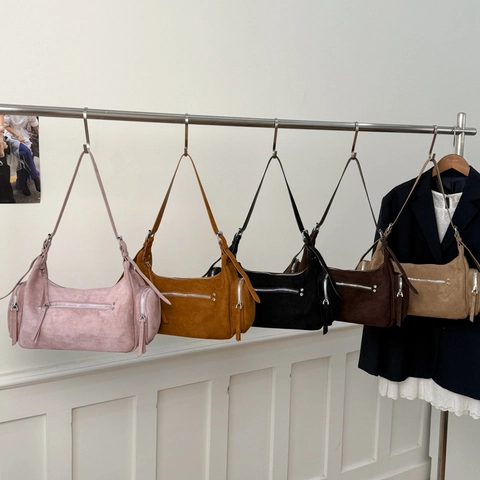 Women PU Leather Suede Texture Shoulder Bag Vintage Multi-Zipper Crossbody Satchel Korean Style Daily Commute Square Bag