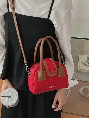 Vintage Women Red Canvas Crossbody Bag Brown PU Leather Handle Casual Small Square Shoulder Bag Top Handle Bag Handbag