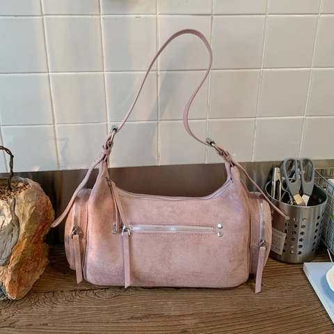 Damen Frosted PU Wildleder-Textur Schulter Achseltasche Mehrere Reißverschlusstaschen Quaste Retro Lässige Umhängetasche Handtasche