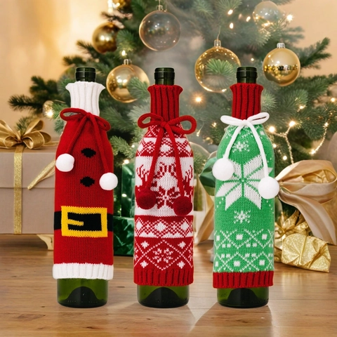 Knitted Christmas Wine Bottle Cover Santa Reindeer Snowflake Pattern With Pompom Drawstring Decoration Holiday Party Dinner Table Ornament