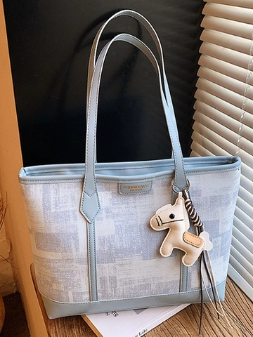 Fashion Women Canvas PU Leather Splicing Tote Bag Large Capacity Shoulder Bag With Cute Horse Pendant Casual Chic Handbag