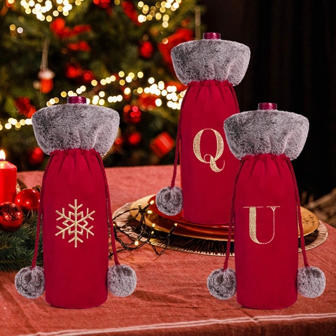 Funda Terciopelo Botella Vino Navidad Letra Bordada Copo Nieve Dorado Ribete Piel Sintética Bolsa Cordón Decoración Mesa Fiesta