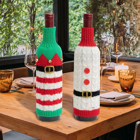 Christmas Knitted Wine Bottle Cover Santa Claus Elf Style Red Green White Stripe Bottle Decor For Party Table