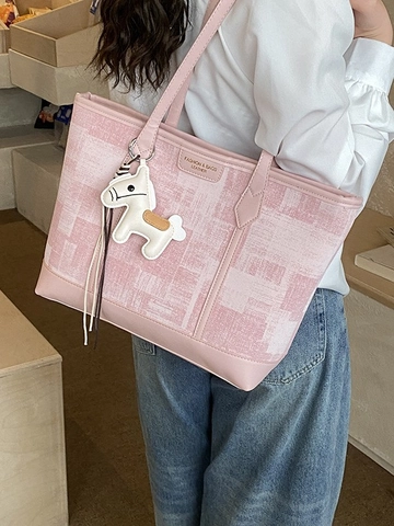 Fashion Women Canvas PU Leather Splicing Tote Bag Large Capacity Shoulder Bag With Cute Horse Pendant Casual Chic Handbag