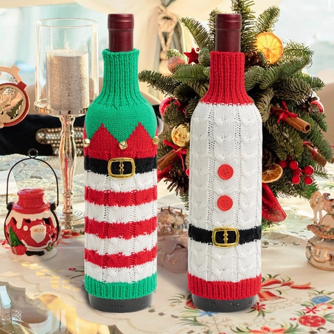 Christmas Knitted Wine Bottle Cover Santa Claus Elf Style Red Green White Stripe Bottle Decor For Party Table