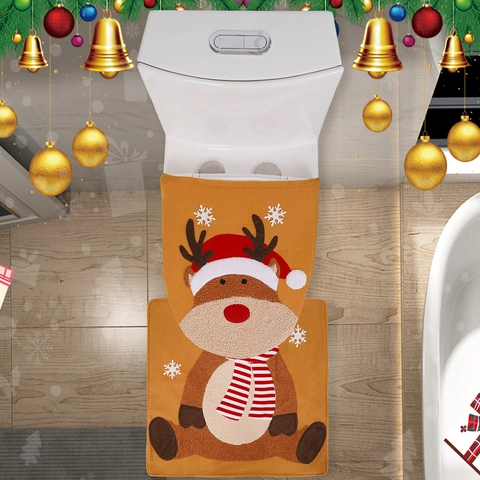 Ensemble de Housse de Siège de Toilettes Renne de Noël Avec Housse de Couvercle Et Tapis Bois de Renne Peluche Décoration de Salle de Bain Jaune Gingembre