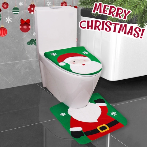 Christmas Toilet Seat Cover and Mat Set Polyester Cartoon Santa Snowman Reindeer Pattern Bathroom Decor Festive Ornament