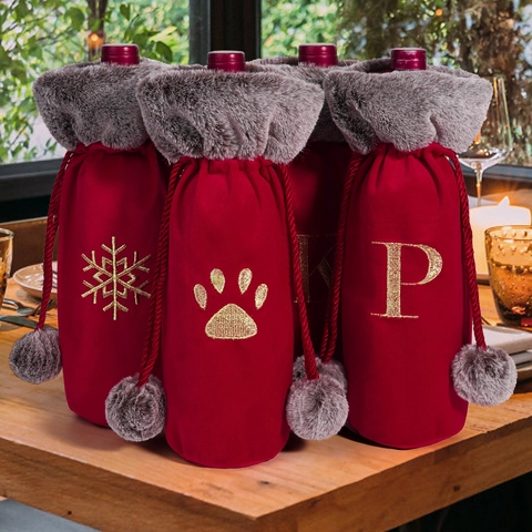 Funda Terciopelo Botella Vino Navidad Letra Bordada Copo Nieve Dorado Ribete Piel Sintética Bolsa Cordón Decoración Mesa Fiesta