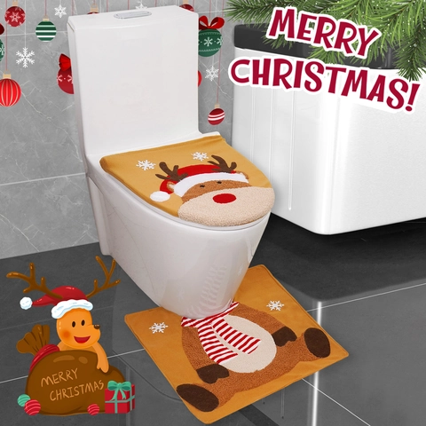 Ensemble de Housse de Siège de Toilettes Renne de Noël Avec Housse de Couvercle Et Tapis Bois de Renne Peluche Décoration de Salle de Bain Jaune Gingembre