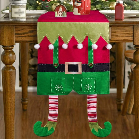Christmas Elf Table Runner Holiday Dining Decor With Striped Legs And Pompoms Decorative Festive Tabletop Cloth Party