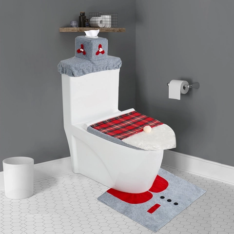 Kerst Kabouter Toiletbrilhoes Mat Reservoirovertrek Polyester Ruitjes Badkamer Decoratie Grijs Rood Feestelijke Kerst Decor