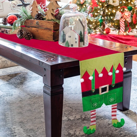 Christmas Elf Table Runner Holiday Dining Decor With Striped Legs And Pompoms Decorative Festive Tabletop Cloth Party