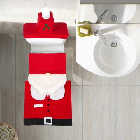 Ensemble de 3 Pièces Couvre-siège de Toilettes de Noël Père Noël Rouge Polyester Kit de Décoration de Salle de Bain Couvercle de Réservoir Tapis