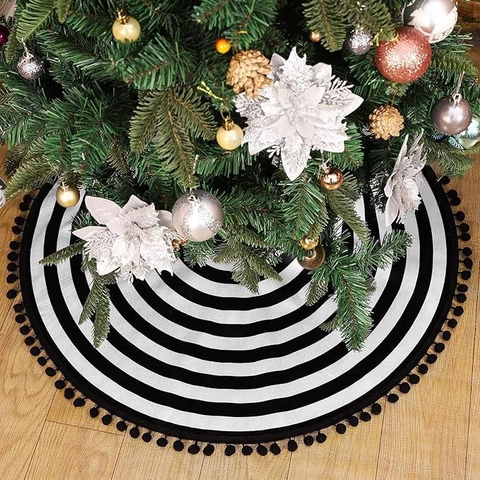 Jupe de Sapin de Noël Rayée Noir Et Blanc Moderne Avec Frange à Pompons Tapis de Base de Sapin pour Décoration Maison
