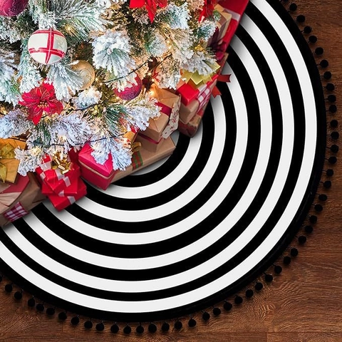 Jupe de Sapin de Noël Rayée Noir Et Blanc Moderne Avec Frange à Pompons Tapis de Base de Sapin pour Décoration Maison