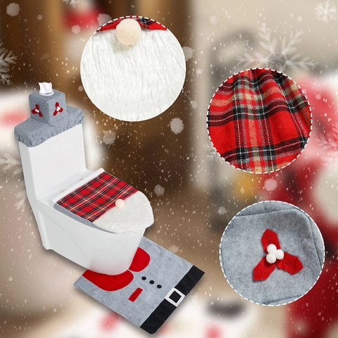 Christmas Santa Claus Toilet Seat Cover Bathroom Decoration Set Flannel Plush Toilet Lid Cover Water Tank Box Tissue Holder Contour Rug Home Festive Ornament