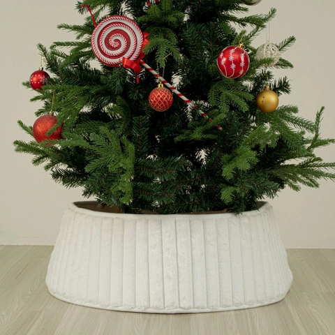 Weißer Kunstpelz Weihnachtsbaum-Kragen Vertikaler Streifen Plüsch Weihnachtsbaum-Rock Basis Für Feiertags-Heimdekor