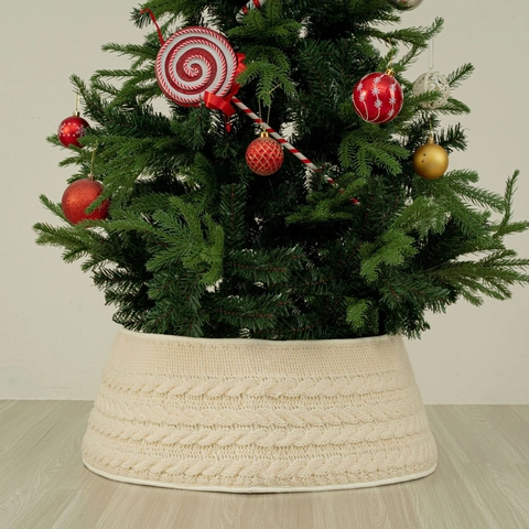 Collier de Sapin de Noël à Torsades Blanc Crème en Polyester Jupe de Sapin pour Arbres Standards Décoration Maison