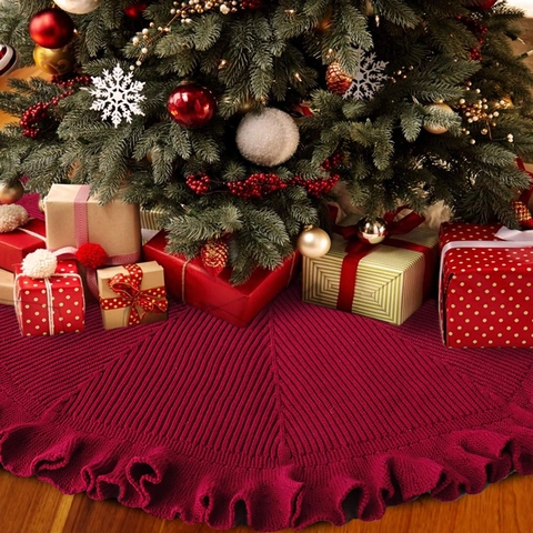 Jupe de Sapin de Noël Tricotée Rouge Bord à Volants Tapis de Base de Sapin Ornement de Sol pour Décoration de Maison Fête