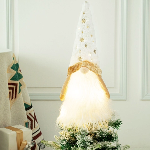 LED Christmas Gnome Tree Topper White Plush Gold Snowflake Embroidered Tomte Glowing Swedish Figurine Holiday Home Decor