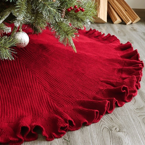 Jupe de Sapin de Noël Tricotée Rouge Bord à Volants Tapis de Base de Sapin Ornement de Sol pour Décoration de Maison Fête