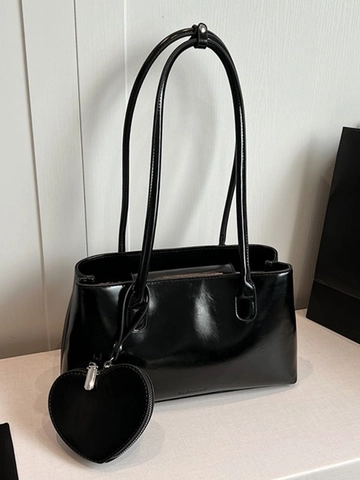 Retro PU Leather Large Capacity Shoulder Bag For Women Underarm Tote Bag With Heart Pendant Solid Color Fashion Commuter Bag