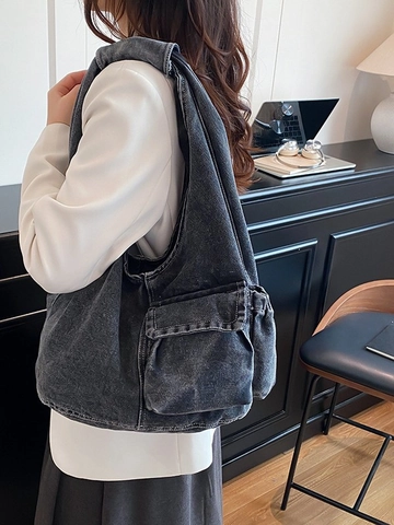 Borsa Tote in Denim da Donna Grande Capacità Borsa a Tracolla in Jeans Lavati Vintage Casual Workwear Hobo Bag Con Tasche