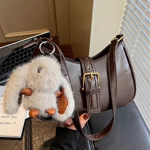 Women Vintage PU Leather Hobo Bag Large Capacity Crossbody Shoulder Bag With Rabbit Pendant Stitching Casual Underarm Bag