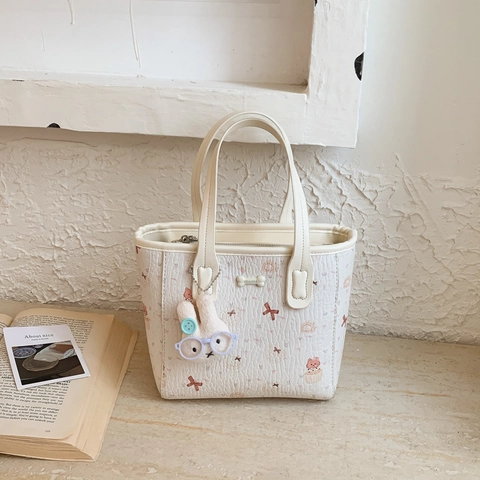 Dames Zoet Cartoon Print Emmer Tas Shopper PU-leer Handtas Met Konijn Pluche Hanger Dagelijks Casual Schoudertas