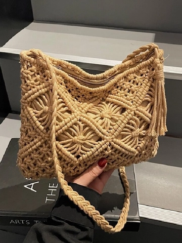 Borsa a Tracolla Bohemian Intrecciata a Mano Macrame per Donna Decorazione Nappa Spiaggia Vacanza Crossbody Geometrica Borsa
