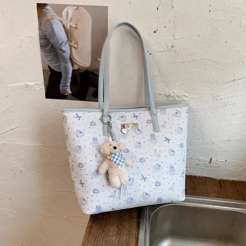 Cute Cartoon Print Tote Bag Large Capacity PU Leather Shoulder Bag With Plush Pendant Kawaii Fashion Handbag For Women