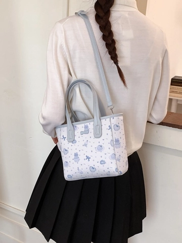 Cute Cartoon Character Print PU Leather Bucket Bag For Women Sweet Floral Pattern Tote With Plush Rabbit Pendant Crossbody Bag