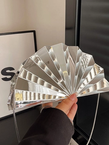 Metallische Fächerförmige Muschel Abendtasche Spiegel Acryl Umhängetasche Mit Perlengriff Und Metallkettenriemen Für Damen