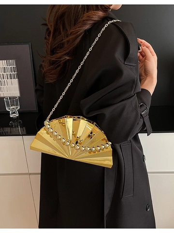 Metallische Fächerförmige Muschel Abendtasche Spiegel Acryl Umhängetasche Mit Perlengriff Und Metallkettenriemen Für Damen